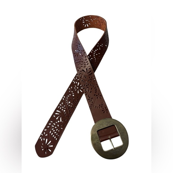 Vintage Women’s Coldwater Creek Brass/Brown Leather Belt Cutout Design Sz M - Picture 1 of 6